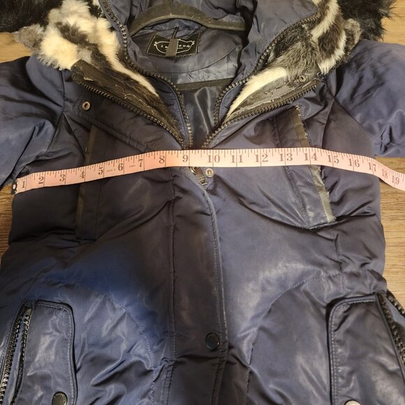 1 Madison Down-Filled Faux Fur Hooded Parka Jacket Navy signs of wear XS - Picture 7 of 16